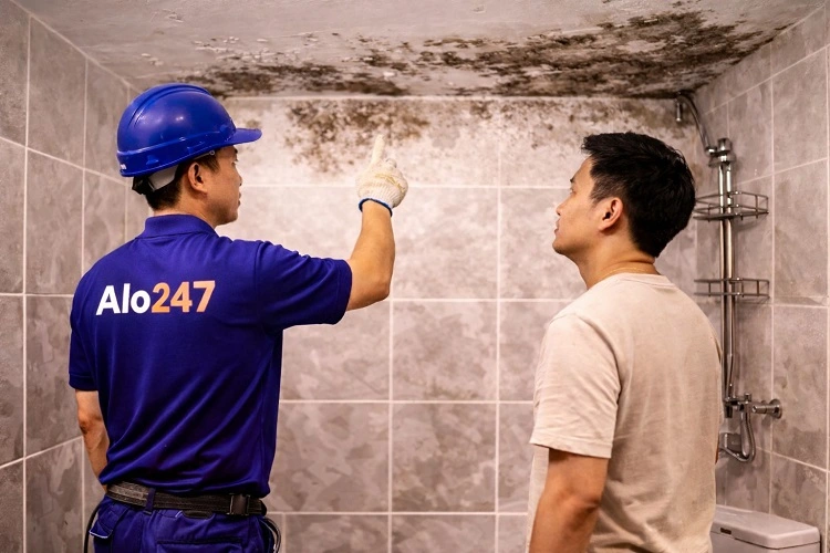 Thợ khảo sát khu vực ẩm mốc