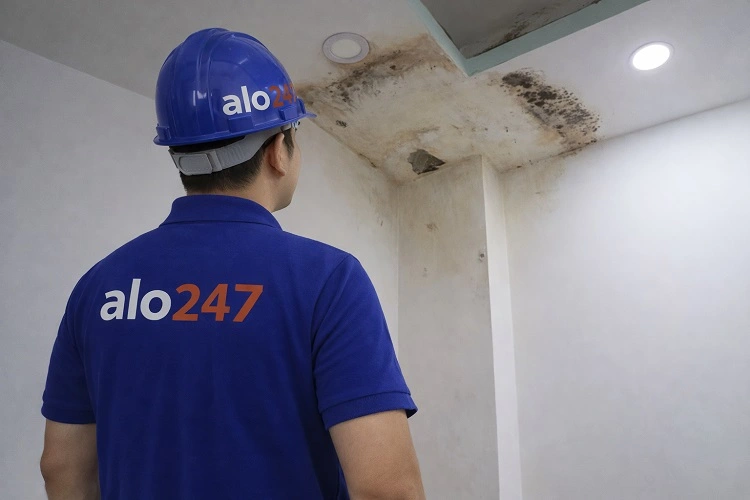 Thợ kiểm tra hư hại trần nhà