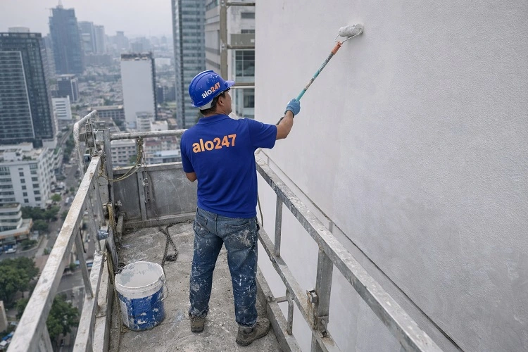 Thợ thi công sơn chống thấm tường ngoài trời tại một tòa nhà ở Hoàng Mai