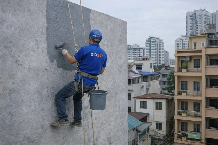 Thợ alo247 đu dây sơn chống thấm tường ngoài trời toà nhà cao tầng