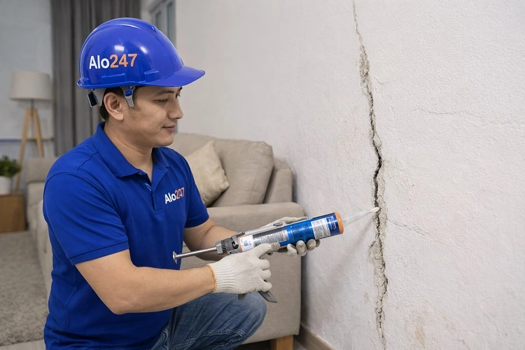 Thợ sửa chữa vết nứt trên tường