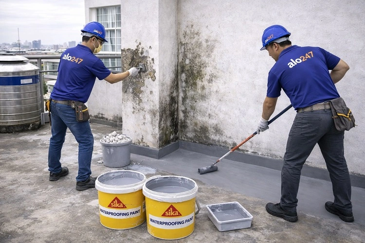 Thợ Alo247 đang lăn sơn chống thấm Sika tại sân thượng khu vực Hồng Hà