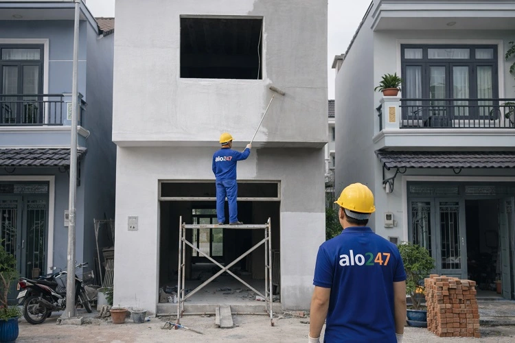 Thợ thi công chống thấm mặt tiền trước khi sơn