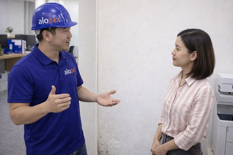 Thợ trao đổi tình hình ẩm mốc tại văn phòng ở Ô chợ Dừa