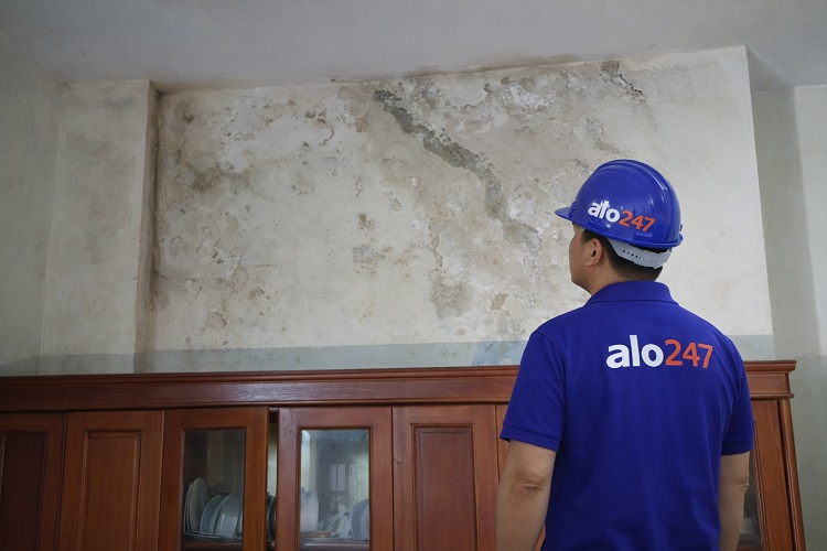 Thợ Alo247 khảo sát tình trạng tường bếp  bị ẩm mốc nặng do thấm nước.