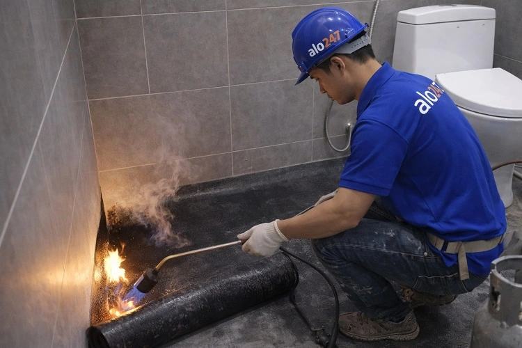 thi công chống thấm nhà vệ sinh bằng màng khò nóng