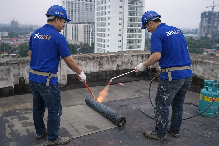 thi công chống thấm sân thượng bằng màng khò nóng