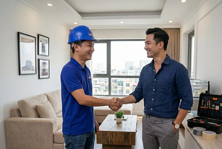 Thợ bàn giao và ký bảo hành tại chung cư
