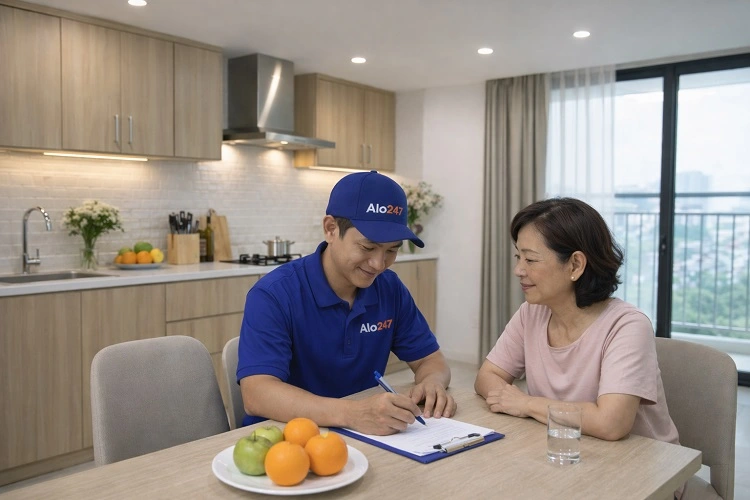 Khách hàng hài lòng nhận bàn giao từ thợ alo247