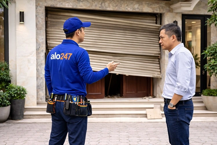 Thợ cùng khách hàng kiểm tra cửa bị xô lệch nan