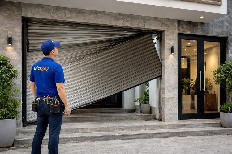 Kỹ thuật viên kiểm tra cửa cuốn hư bị cong vênh, xô lệch