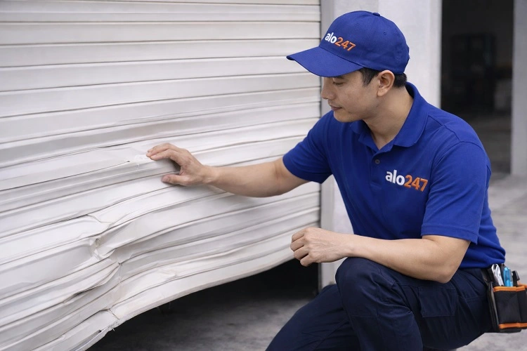Kỹ thuật viên kiểm tra cửa cuốn hư hại