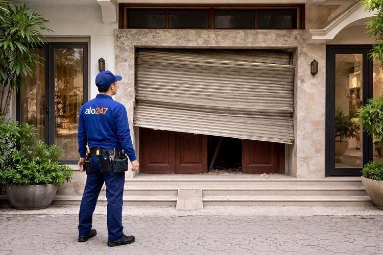 Kỹ thuật viên kiểm tra cửa cuốn hư hỏng