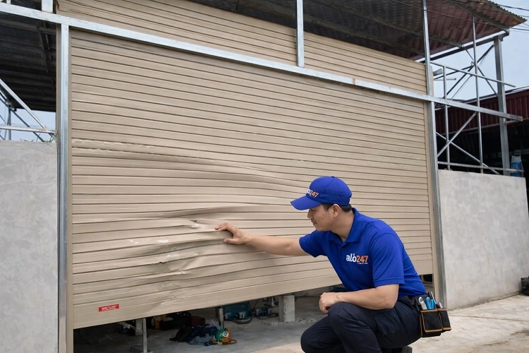 Kỹ thuật viên kiểm tra cửa cuốn hư hỏng