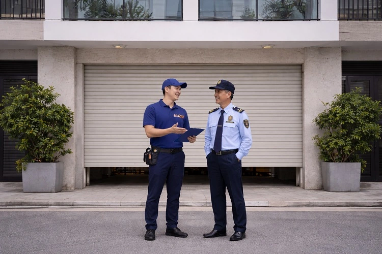 Kỹ thuật viên trao đổi với bảo vệ