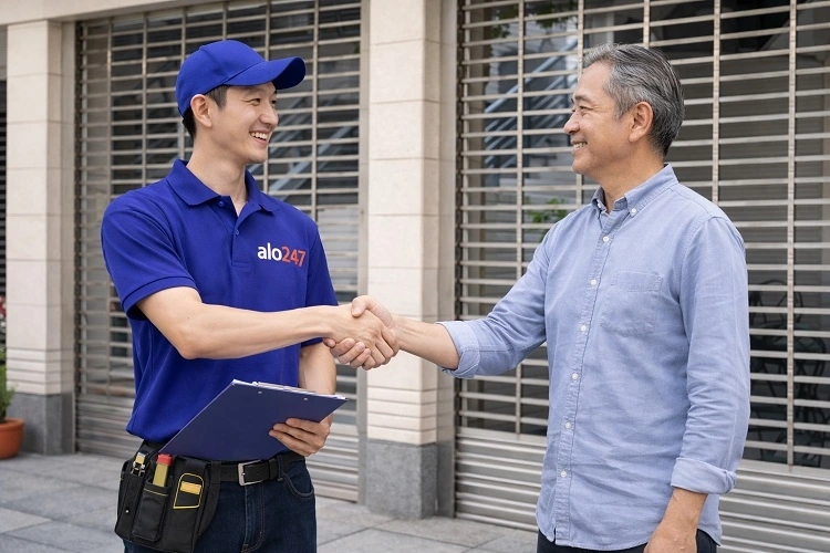 Kỹ thuật viên và khách hàng bắt tay vui vẻ