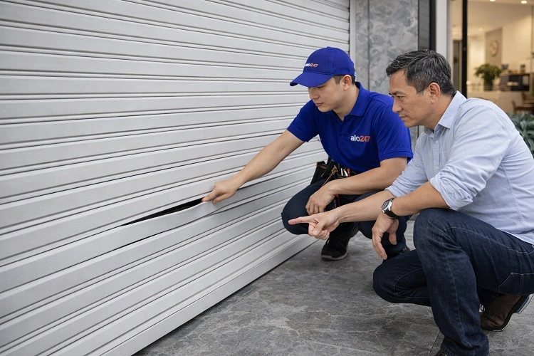 Kỹ thuật viên và khách hàng kiểm tra cửa cuốn hư hỏng