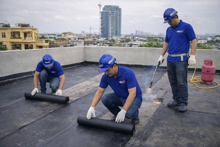 Thi công chống thấm mái bằng màng khò nóng (bitum)
