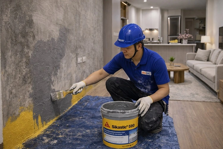 Thi công sơn chống thấm tường phòng khách
