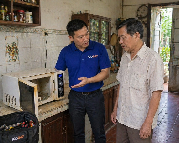 Thợ Alo247 báo lỗi lò vi sóng cho khách hàng tại nhà ở Hai Bà Trưng