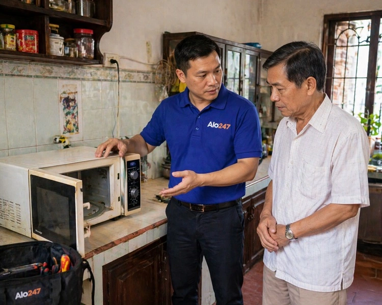 Thợ Alo247 báo lỗi lò vi sóng cho khách hàng tại nhà ở Long Biên