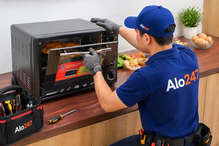 Thợ Alo247 kiểm tra lò nướng sanaky tại nhà khách hàng ở Hà Nội