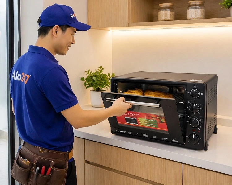Thợ Alo247 kiểm tra lò nướng sau khi sửa