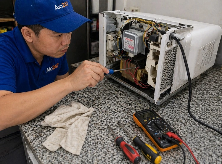 Thợ alo247 đang sửa chữa lò vi sóng cho khách hàng tại Đống Đa