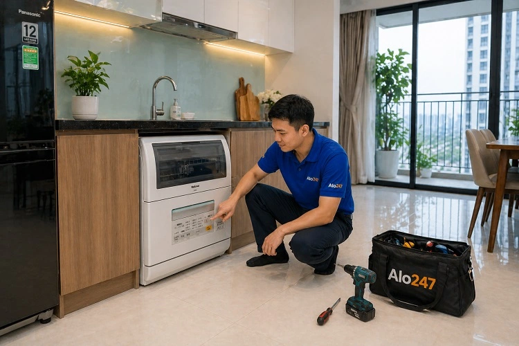 Thợ alo247 kiểm tra máy rửa bát nội địa Nhật trước khi sửa