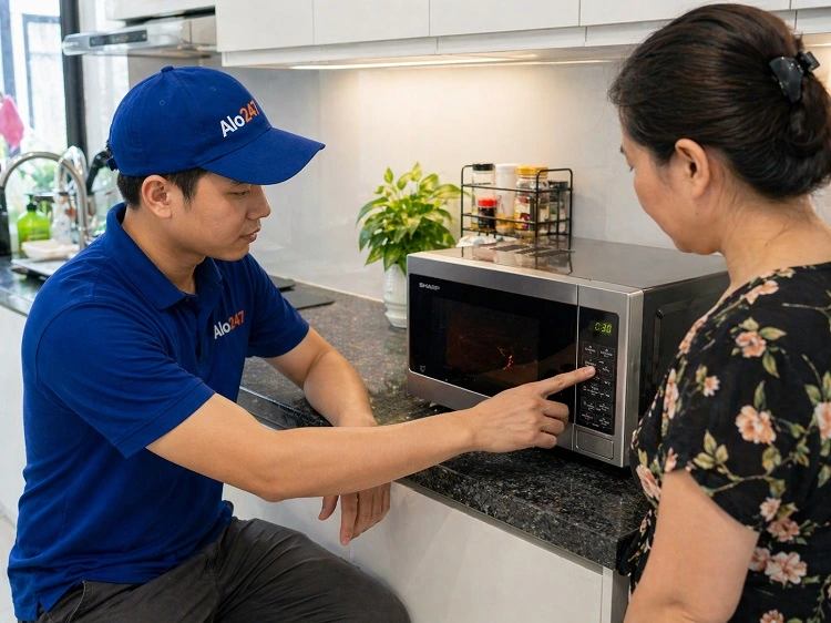 Thợ alo247 kiểm tra báo lỗi lò vi sóng cho khách hàng tại Tây Hồ