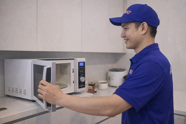 Thợ alo247 kiểm tra lò vi sóng tại nhà khách hàng