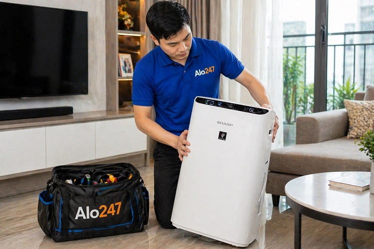 Thợ alo247 kiểm tra máy lọc không khí Sharp sau khi sửa chữa
