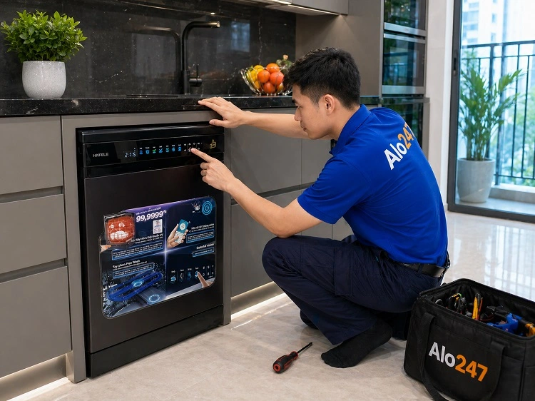 Thợ alo247 kiểm tra máy rửa bát Hafele tại Long Biên