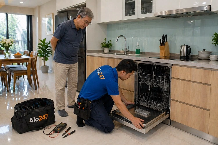 Thợ alo247 kiểm tra máy rửa bát Hafele trước khi sửa