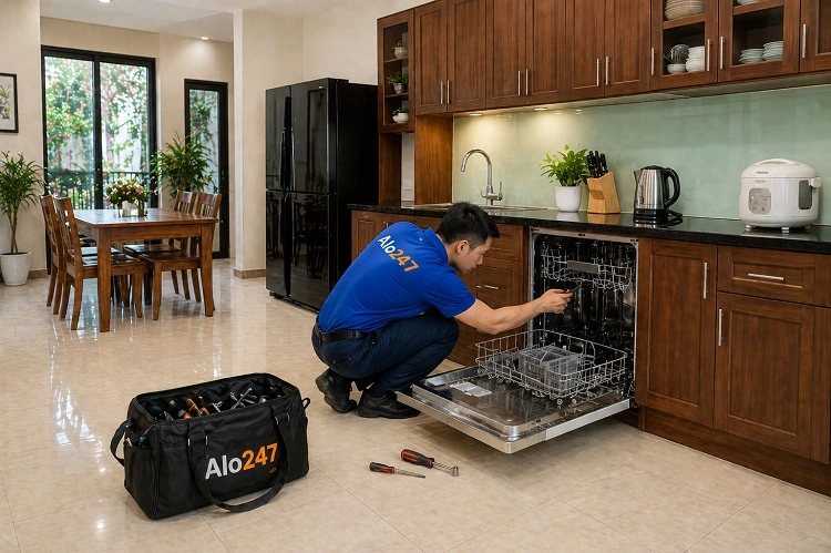 Thợ alo247 kiểm tra máy rửa bát tại Hà Đông trước khi sửa