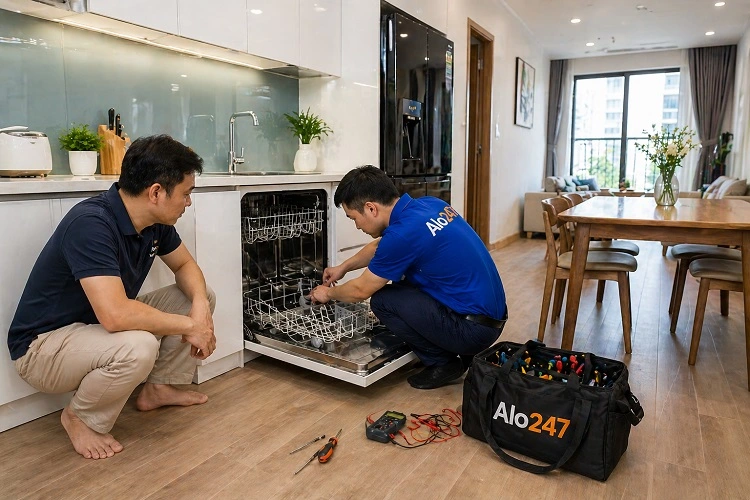 Thợ alo247 kiểm tra máy rửa bát tại Long Biên trước khi sửa