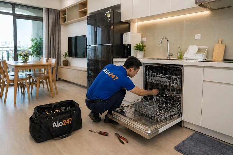 Thợ alo247 kiểm tra máy rửa bát tại Tây Hồ trước khi sửa