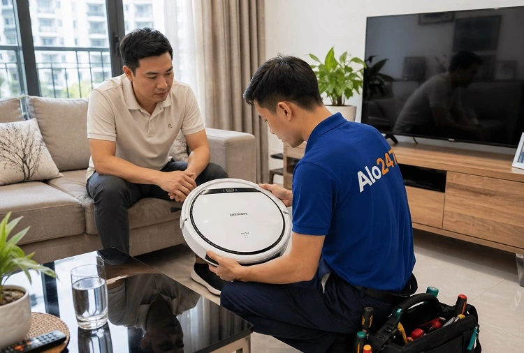 Thợ alo247 kiểm tra robot hút bụi Medion trước khi sửa chữa
