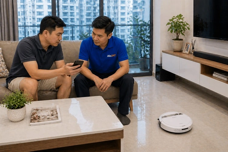 Thợ alo247 kiểm tra robot hút bụi liectroux trước khi sửa chữa
