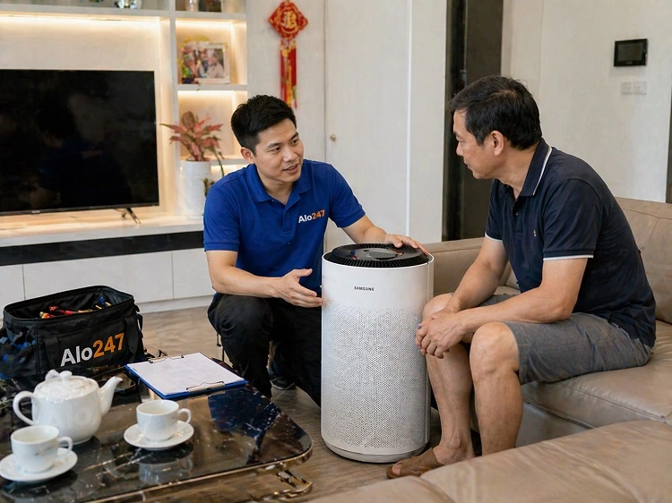 Thợ alo247 ký bảo hành và bàn giao máy lọc không khí sau sửa chữa