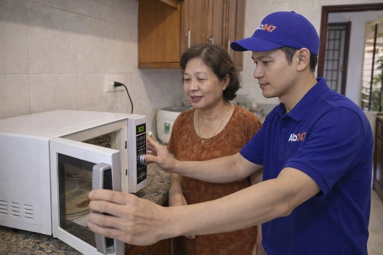Thợ alo247 trao đổi hướng sửa lò vi sóng cho khách hàng tại Thanh Xuân