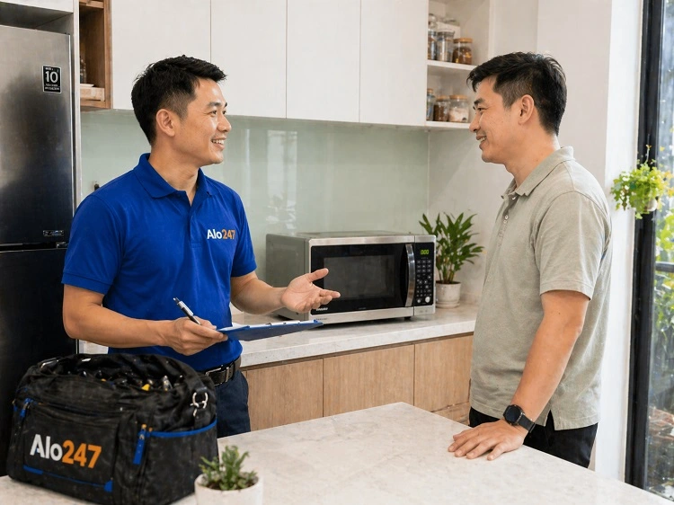 Thợ alo247 trao đổi thông tin bảo hành sau sửa chữa