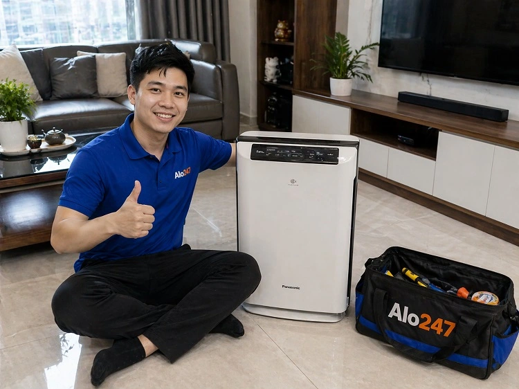 Thợ bàn giao máy lọc không khí Panasonic sau khi sửa chữa