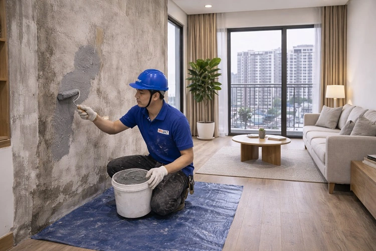 Thợ chống thấm trong phòng khách chung cư
