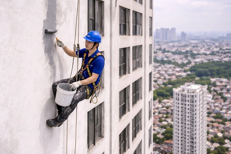 Thợ chống thấm tường ngoài trời toà nhà cao tầng