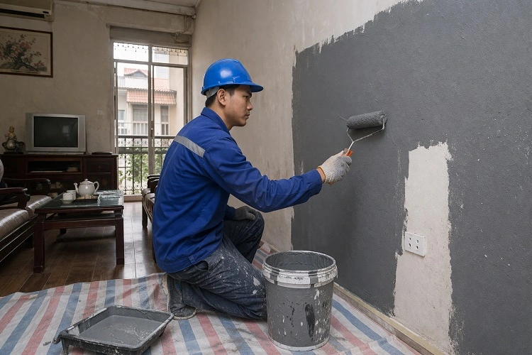 Thợ chống thấm tường phòng khách bị ẩm mốc tại xã Đông Anh - Hà Nội