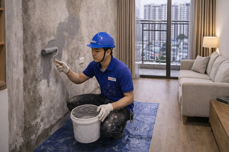 Thợ xử lý tường bị ẩm rộp trong căn hộ