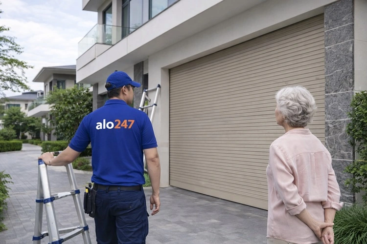 Thợ kiểm tra cửa cuốn bị lỗi