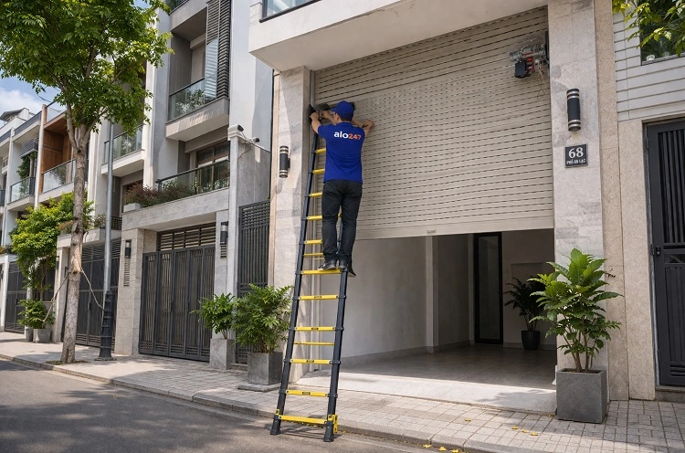 Thợ kiểm tra cửa cuốn bị tuột nan