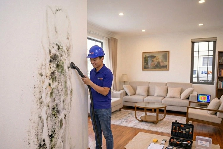 Thợ kiểm tra độ ẩm mốc của tường